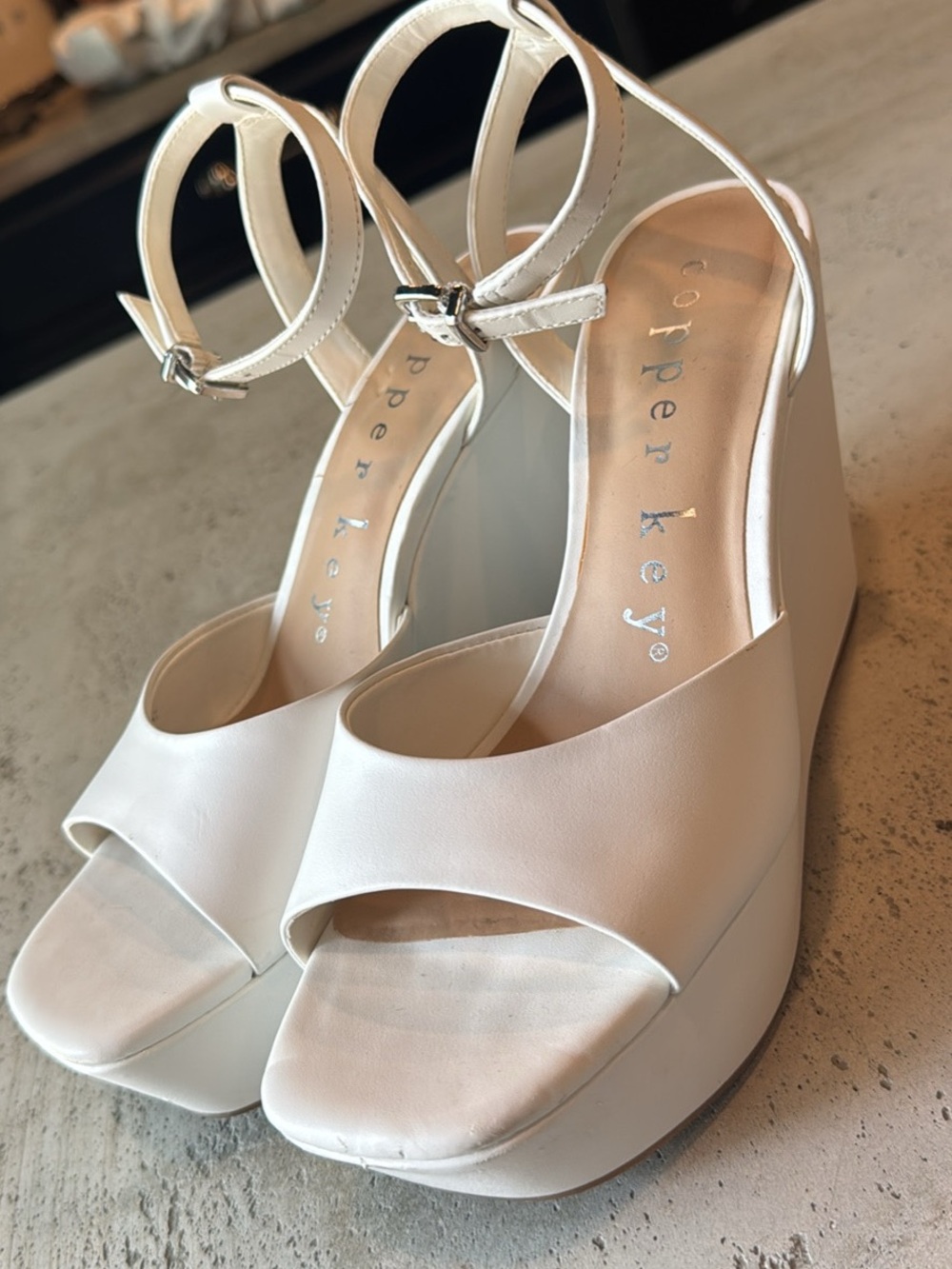 Copper Key White Platform Ankle-Strap Wedge Sandals